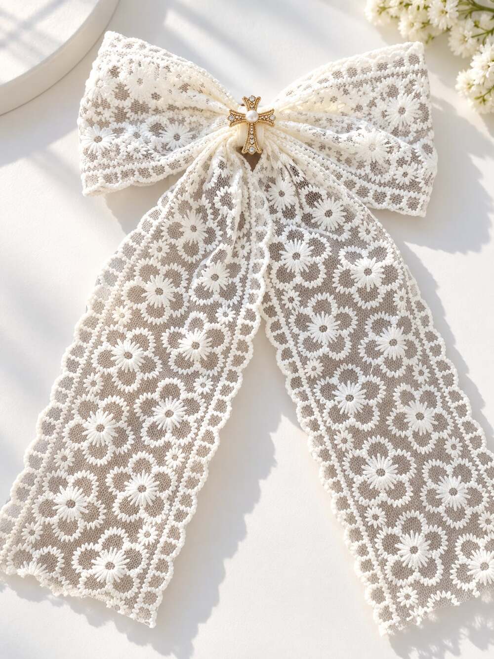 Ivory Floral Lace Hair Bow Gold Cross Pearl Romantic Coquette Hair Accessory